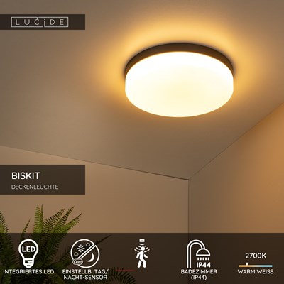 Lucide BISKIT - Deckenleuchte Badezimmer - Ø 34,5 cm - LED - 1x24W 2700K - IP44 - Bewegungssensor - Schwarz